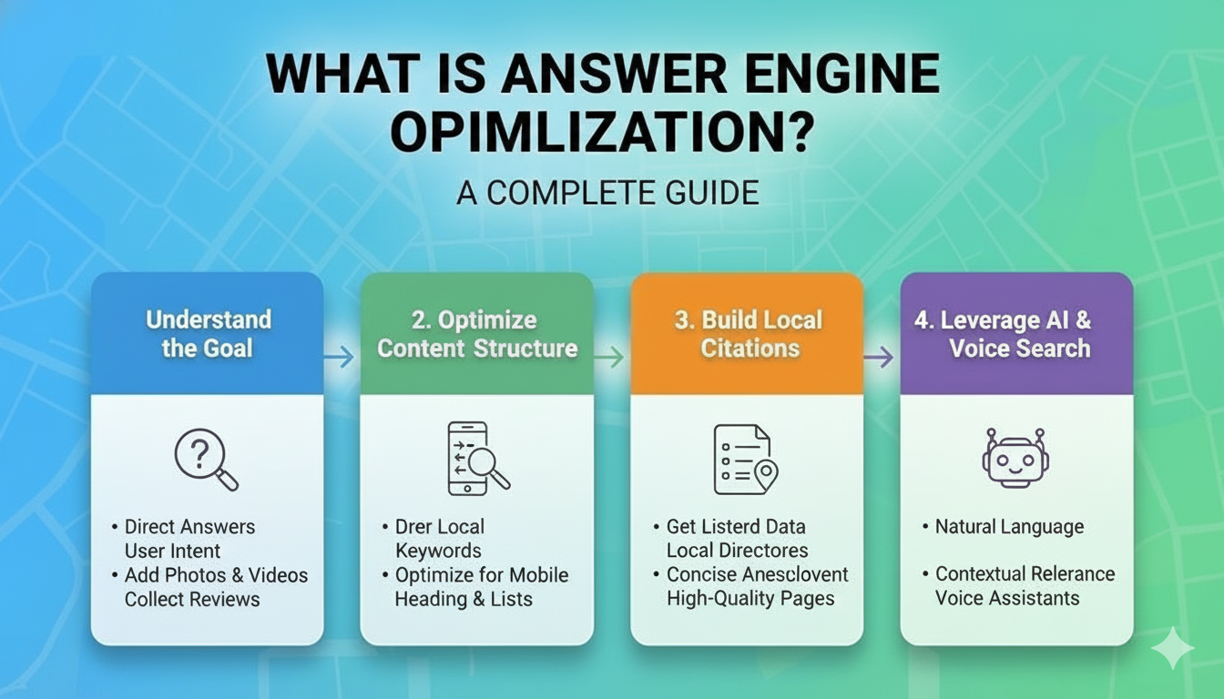 Infographic explaining Answer Engine Optimization (AEO) with the title “What Is Answer Engine Optimization? A Complete Guide,” highlighting four steps: understanding user intent and providing direct answers, optimizing content structure with headings and keywords, building local citations through directories and quality pages, and leveraging AI and voice search with natural language and contextual relevance.